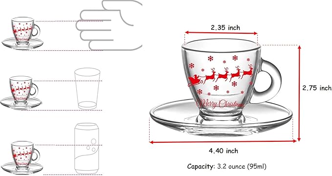 BOHEM'S Espresso Cups, 3.2-Ounce. Small Demitasse Clear Glass Espresso Drinkware, Set Of 2 Cups, Saucers and Stainless Steel mini Spoons, Hostess, Coffee Lover/Enthusiast (Christmas)