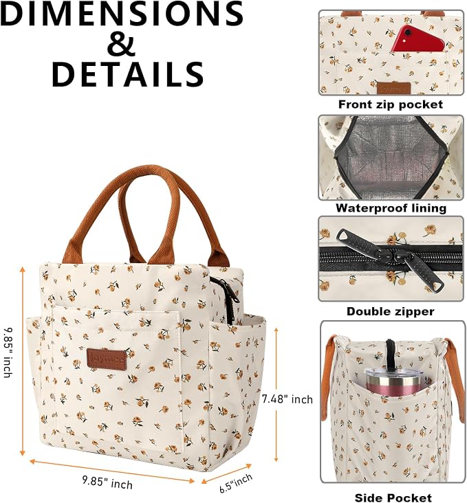 Joymee Insulated Lunch Box for Women Lunch Bag - Yellow Little Floral | Spacious Storage, Bottle Holder & Pockets, Leakproof Insulated, for Work, Travel, Picnic, Daily Use, for Adult
