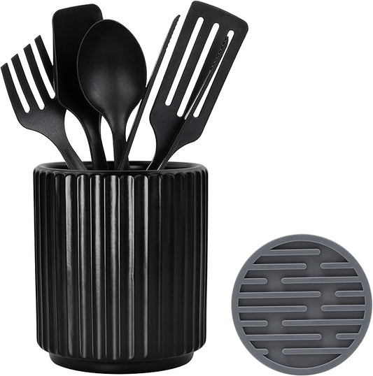 Black Utensil Holder (H5.51” x W4.92”), Ceramic Utensil Crock, Cooking Spoon Holder for Kitchen, Spatula Holder for Counter, Includes Silicone Drying Mat, Black