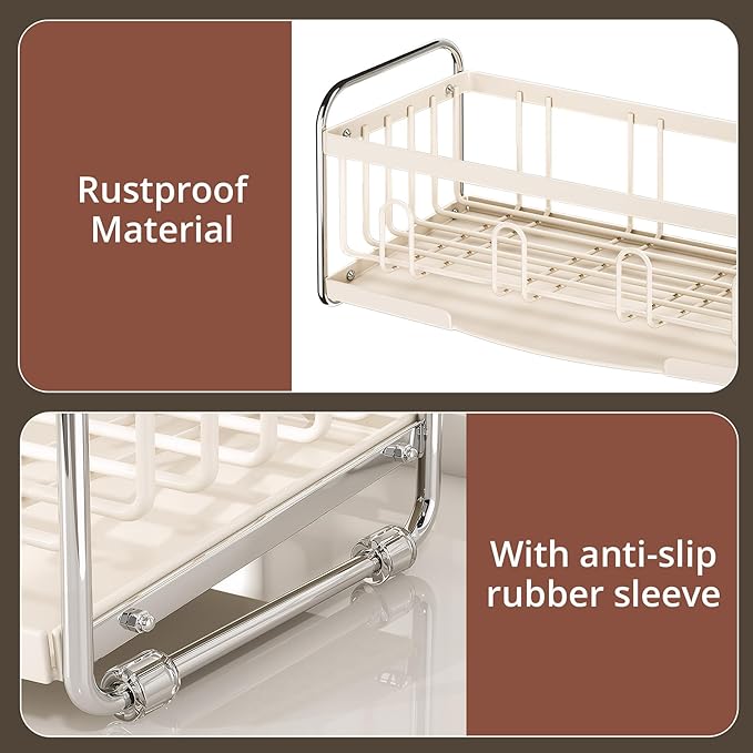 Compact Small Dish Drying Rack for Kitchen Counter - Narrow Metal Dish Drainer Rack with Utensil Holder, Space-Saving Plate Organizer for Sink Storage, Apartment & RV (Off-White Ivory)