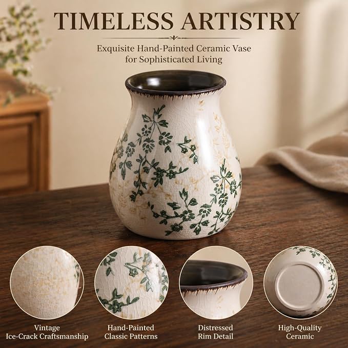 Utensil Holder, Vintage Ceramic Vase,Hand-Painted Flowers with Ice Crackle Glaze Finish, American Large Farmhouse Style Pitcher Vase for Charming Floral Arrangements and Home Decor(Beige)
