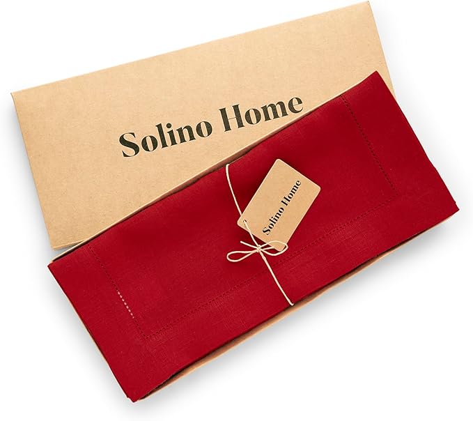 Solino Home Linen Red Table Runner 48 Inches - Sonoma Hemstitch, 100% Pure Linen Coffee Table Runner 14 x 48 Inch Ideal for Dresser Tables - 4th of July