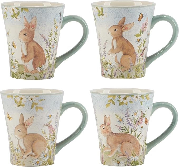 Easter Meadow 16 oz Ceramic Mugs,Set of 4 – Whimsical Bunny & Floral Design, Perfect for Easter Decor & Spring Tablescape – Perfect for coffee, tea, lattes, hot chocolate. Microwave & Dishwasher Safe