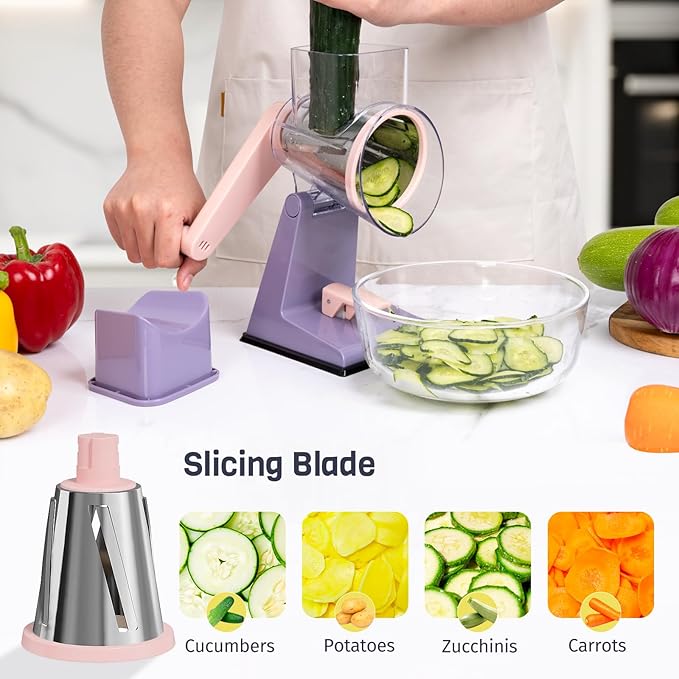Upgraded Rotary Cheese Grater with 3 Interchangeable Stainless Steel Drums, One-Press Powerful Suction Manual Vegetable Shredder&Slicer for Kitchen, 15pcs Storage Bags Included, Pinkish Purple
