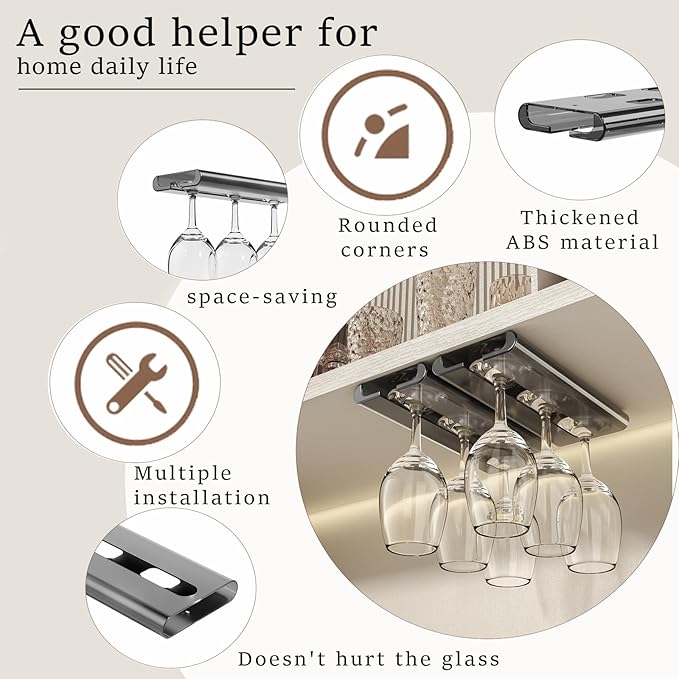 4Pack Wine Glass Holder - Under Cabinet, No Drilling Installation, Stemware Rack, Grey