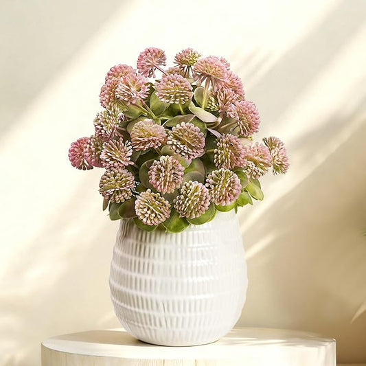 11 Inch Pink Pompon Mum Artificial Flower Balls in Pot - Eucalipto Artificial & Faux Greenery Centerpiece for Modern Home, Dining Table, Coffee Table & Shelf Decor