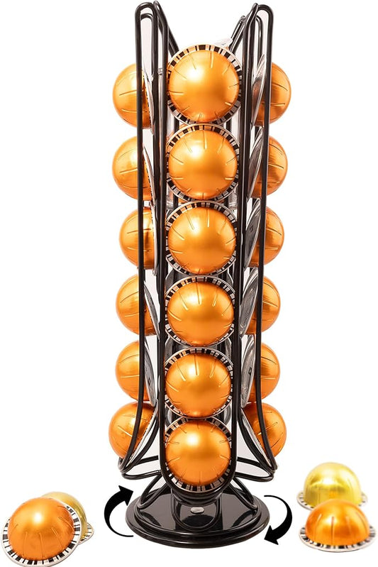 28 Vertuo Pods Holder Compatible with Nespresso Vertuo Pod Holder Organizer VertuoLine Capsules Vertical Coffee Pod Storage for Small Spaces Metal Rack with 360° Rotating Non-Slip Base
