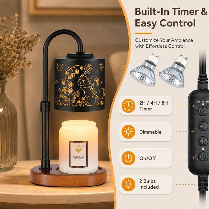 Dimmable Candle Warmer Lamp with Timer Adjustable Height for Scented Jar Candles Electric Candle Wax Melt Warmer for Home Decor Christmas Birthday Gifts for Women Mom(Butterfly+Cat)