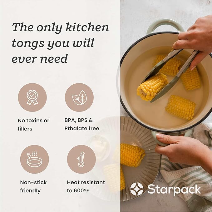 Starpack Get a Grip Silicone Kitchen Tongs (9 Inch) - LFGB Non Toxic, 600°F Heat Resistant, BPA-Free - Heavy-Duty Stainless Steel, Locking - Dishwasher Safe for Nonstick Cookware Sage Green