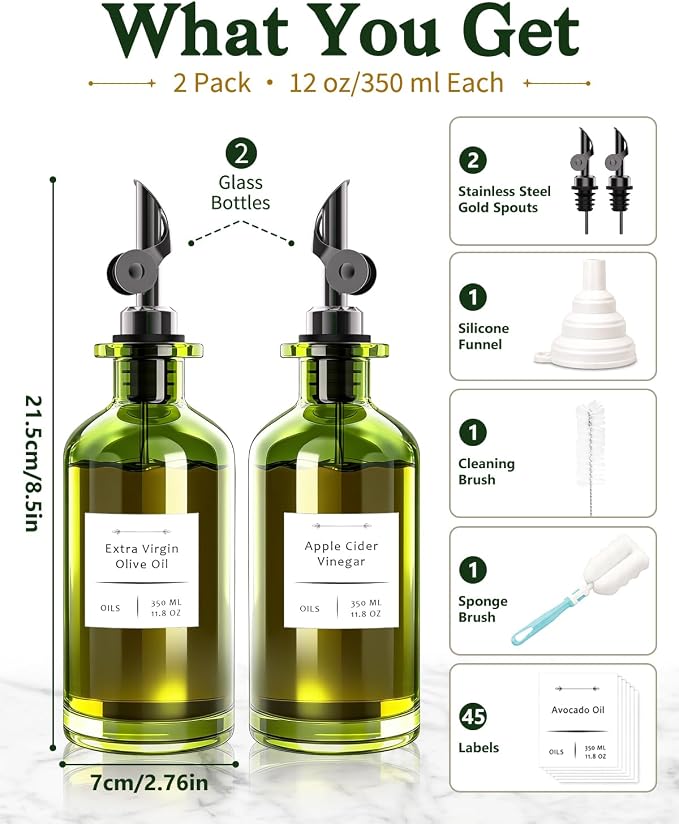 COOLMI Olive Oil Dispenser Set of 2, Dark Green Glass Bottles, 12 oz | Black Auto-Flip Drip-Control Spouts, Funnel, 2 Brushes, And 45 Labels For Oil, Vinegar, Soy Sauce, And Syrup.