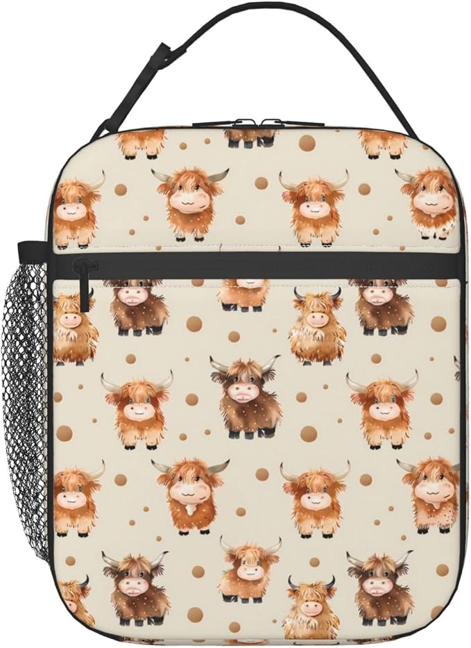 Reusable Highland Cow Lunch Box for Kids Girls Boys Women Adult, Insulated Cute Polka Dot Lunch Bag,Polyester Cooler Handbags Case for School Picnic Work Travel Outdoor Beach or Hiking