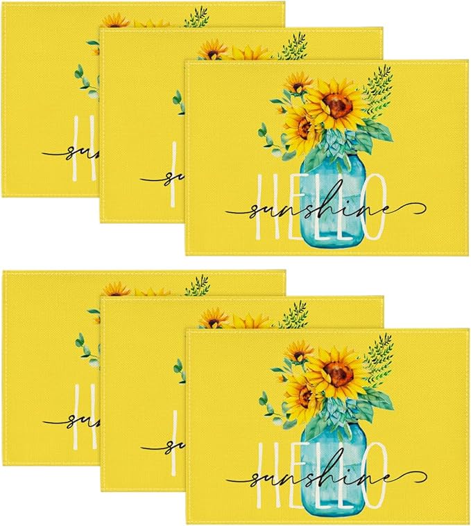 Artoid Mode Yellow Hello Sunshine Sunflower Summer Placemats Set of 6, 12x18 Inch Seasonal Spring Table Mats for Party Kitchen Dining Decoration