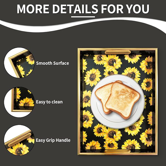 Sunflower Black Decorative Tray Set of 2, Plastic Serving Tray with Handles, Rectangular Coffee Table Tray, Nesting Trays for Living Room, Bathroom, Ottoman