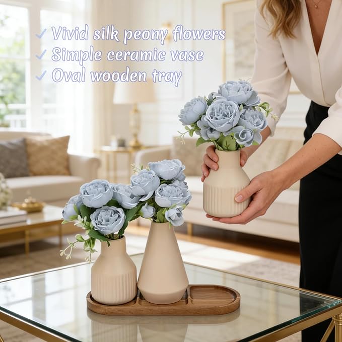 Flower Table Centerpiece - Dining Table Centerpiece Decor Set of 3 Fake Peonies in Ceramic Vases & Wood Tray Modern for Kitchen Island Living Room Coffee Table Home Decor (Blue)
