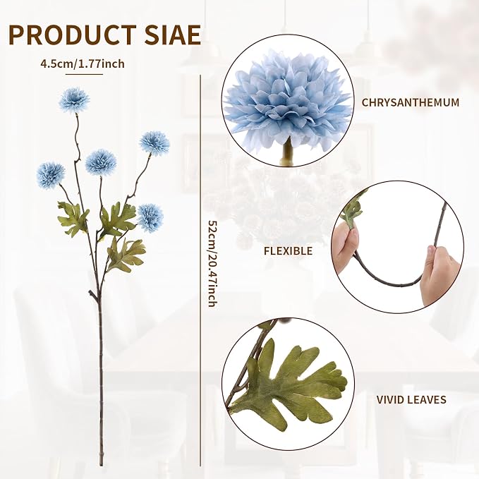 DuHouse 6pcs Artificial Flowers Faux Silk Pompon Mum,Silk Small Mini Chrysanthemum Ball with Stems for DIY Wedding Bouquets Centerpieces Vase Home Table Kitchen Decorations(Sky Blue)