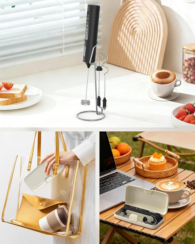 AMOSA Milk Frother Handheld with Stand, Rechargeable Frother with 3 Speeds & 3 Heads, Travel Frother with Case, Coffee Mixer for Latte, Milk, Cream, Egg, Coffee, Cappuccino