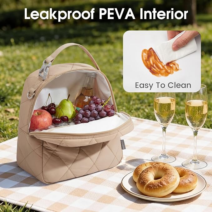 G4Free Large Insulated Lunch Bag, Leakproof Quilted Lunch Box Women Men, Reusable Puffer Lunch Bag For Work Picnic Travel, Khaki