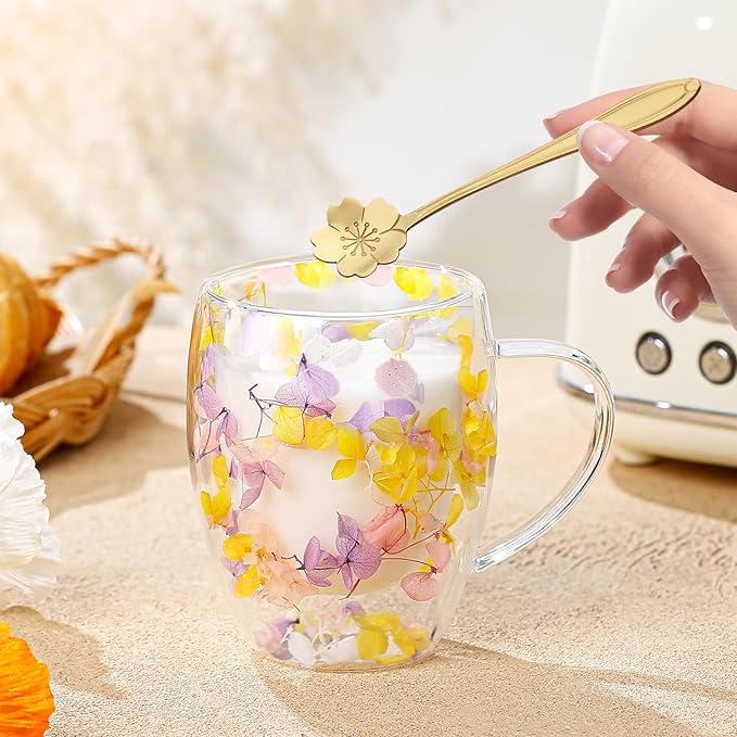 Double Wall Glass Coffee Mugs, Aesthetic Dried Flowers Cups with Handles,Espresso Cups for Cappuccino Coffee Tea Milk,Insulated Heat Resistant Glass Mug Christmas Birthday Gifts for Women