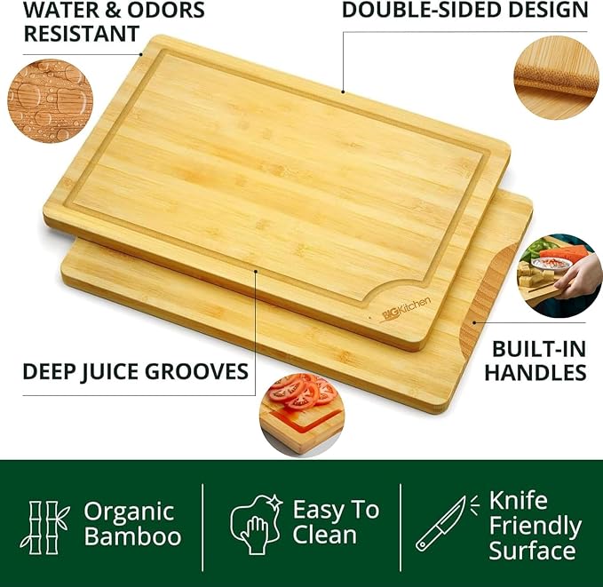 Big Kitchen 3-Piece Bamboo Cutting Board for Kitchen Butcher Block for Chopping Meat, Veggies & Cheese Durable Non-Plastic Wooden Chopping Board with Juice Groove & Easy Grip Handles