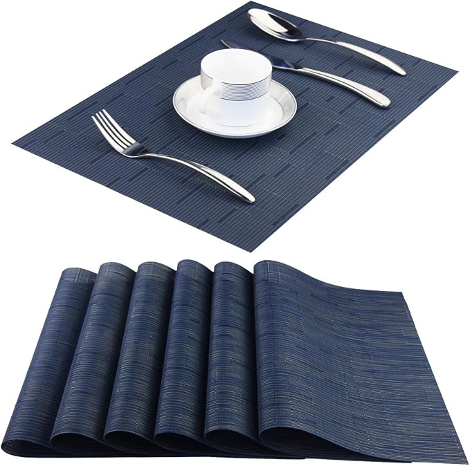 Plastic Placemats,Non Slip Washable Placemats for Dining Table Wipe Clean Table Mats Set of 6 (Navy Blue)