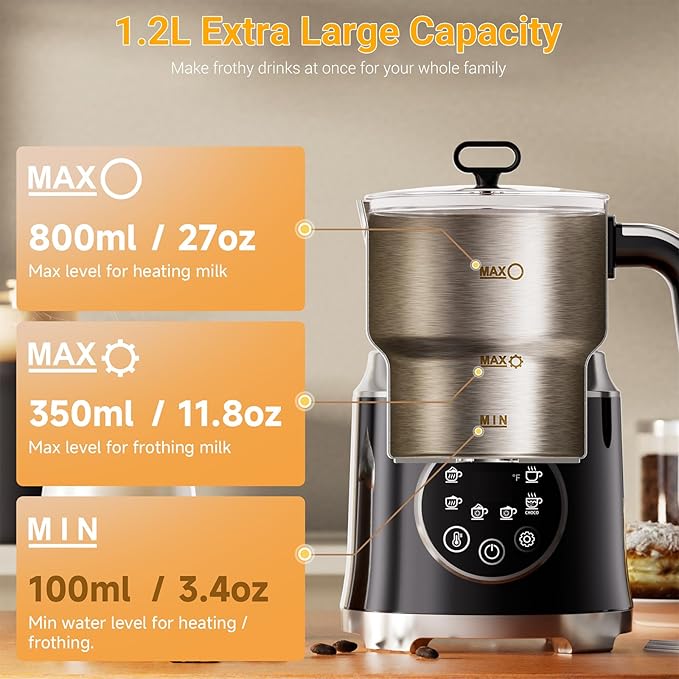 Milk Frother,Variable Temp and Froth Thickness,27oz/800ml Milk Steamer and Frother for cappuccino or Latte,Dishwasher Safe,6-in-1 Frother Machine,Fast Heating,Low Noise