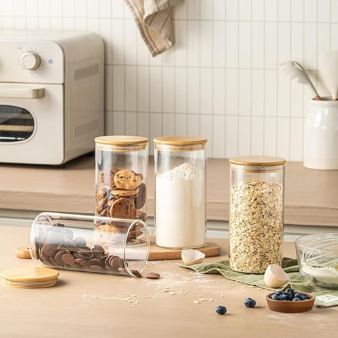 4 Pack 42oz Glass Jars with Bamboo Lids,Glass Storage Containers with Lids,Clear Airtight Food Storage Jar for Flour,Oat,Coffee,Tea,Sugar,Cookies,Pantry Organizers 3mm Thick Canisters