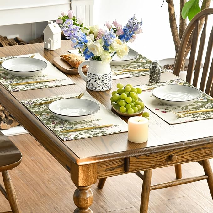 Artoid Mode Antique Herbs and Wild Flowers Spring Placemats Set of 6, 12x18 Inch Seasonal Summer Table Mats for Party Kitchen Dining Decoration