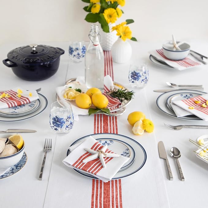 Solino Home Stripe Linen Table Runner 120 Inches Long - 100% Pure Linen Red and White Farmhouse Table Runner 14 x 120 Inch for Dining, 4th of July