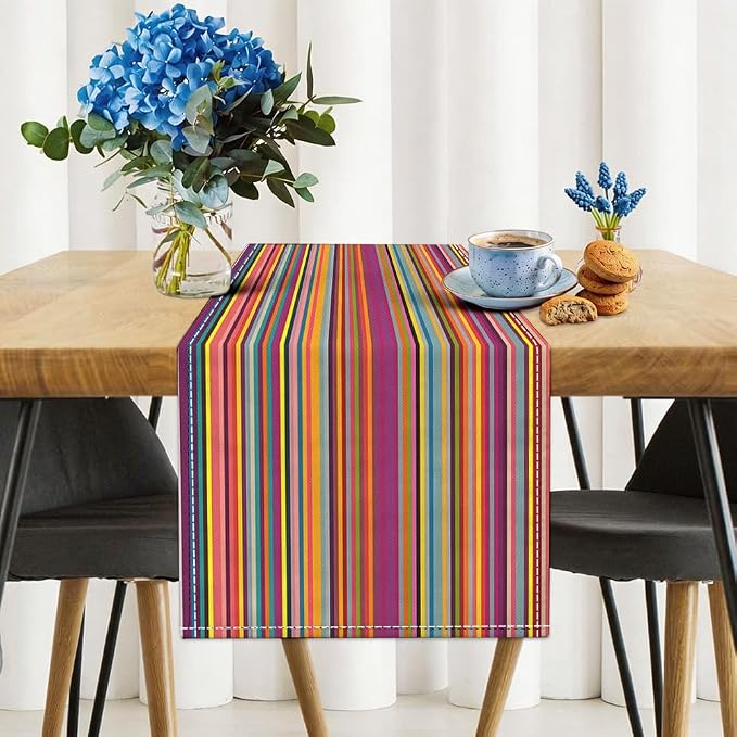Niviy Bright Colorful Striped Mexican Table Runner, 12x72 Inch Cinco De Mayo Party Decorations, Rainbow Colored Geometric Pattern Table Runners for Holiday Party Kitchen Dining Room Decoration