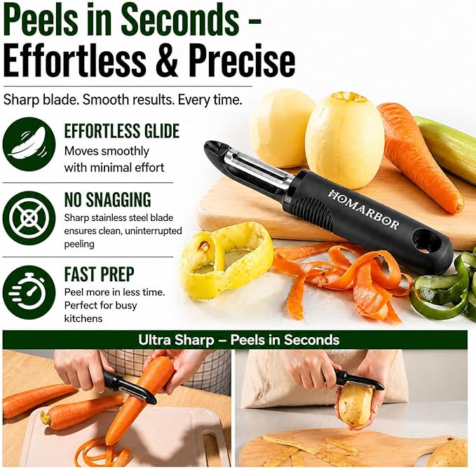 Black Premium Vegetable Peeler | Ultra-Sharp Swivel Stainless Steel Blade | Ergonomic Soft Grip Handle | Mango Peeler | Dishwasher Safe | Skin Peeler for Veggies & Fruits | Potato Peeler & Eye Remover