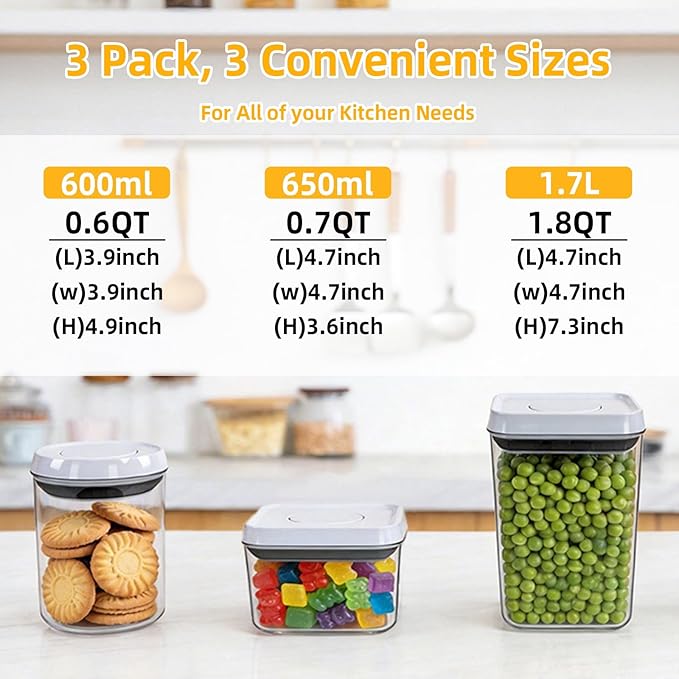Pop Airtight Food Storage Containers with Lids, Push Button Seal BPA-Free for Kitchen Pantry Organization, 3 Pcs 0.65Qt/0.7Qt/1.8Qt for Cereal, Flour, Sugar, Snacks Dry Food Storage