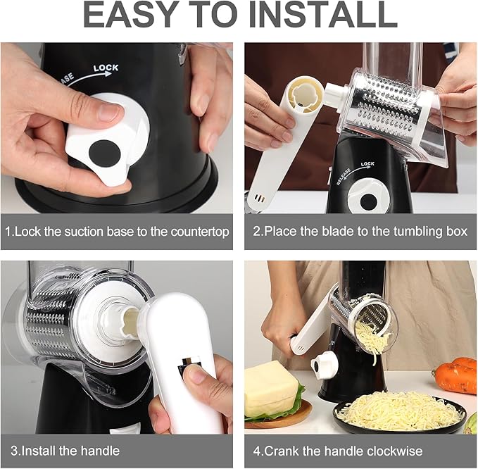 Cambom Rotary Cheese Grater Hand Crank Cheese Shredder for Fresh Cheese, Vegetable, Nuts,Non-slip Suction Base, Five Blades, Black