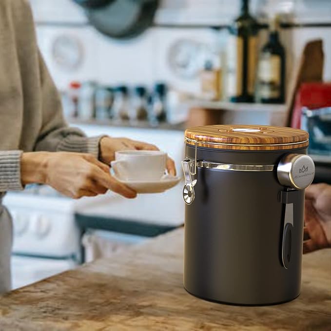 38OZ Coffee Canister for ground coffee with Date Tracker,Wood grain lid 304 Stainless Steel Kitchen Food Airtight storage container for Coffee Beans or Grounds, Tea, Sugar
