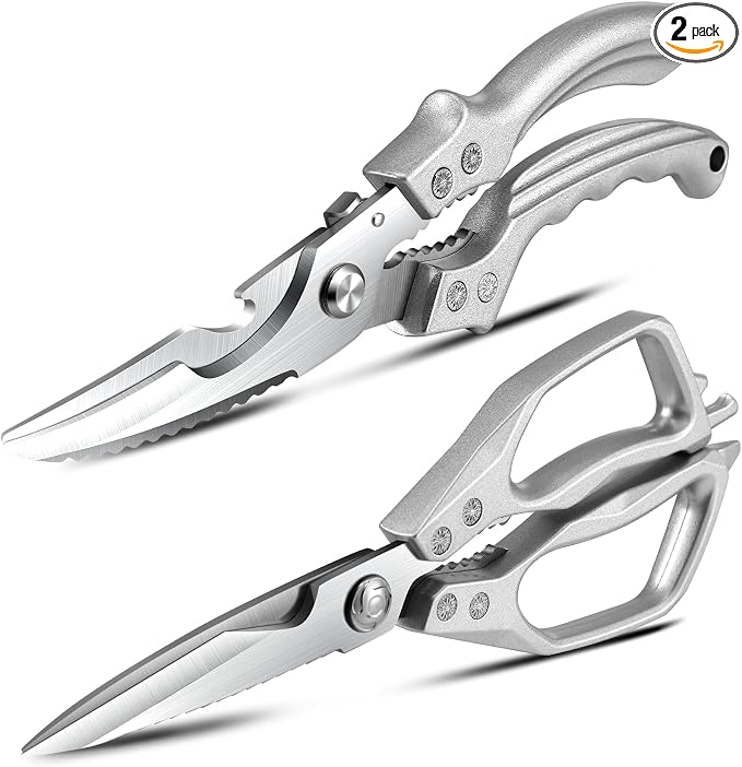 2PCS Kitchen Shears Set Multi-Purpose Kitchen Scissors for Food Heavy Duty Culinary Chef Scissors for Cutting Chicken Meat Vegetables Herbs Scaling Fish, Good Grips Professional Poultry Shears, Silver