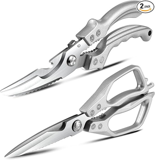 2PCS Kitchen Shears Set Multi-Purpose Kitchen Scissors for Food Heavy Duty Culinary Chef Scissors for Cutting Chicken Meat Vegetables Herbs Scaling Fish, Good Grips Professional Poultry Shears, Silver