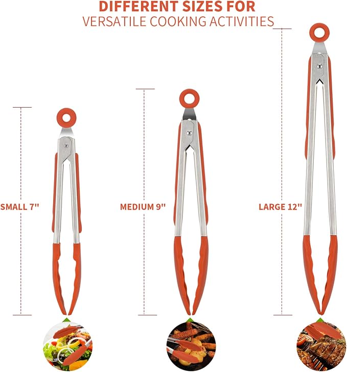 Kitchen Tongs, U-Taste 7/9/12 inches Cooking Tongs, with 600ºF High Heat-Resistant Non-Stick Silicone Tips, 18/8 Stainless Steel Handle, for Food Grill, Salad, BBQ, Frying, Serving, Pack of 3(Orange)