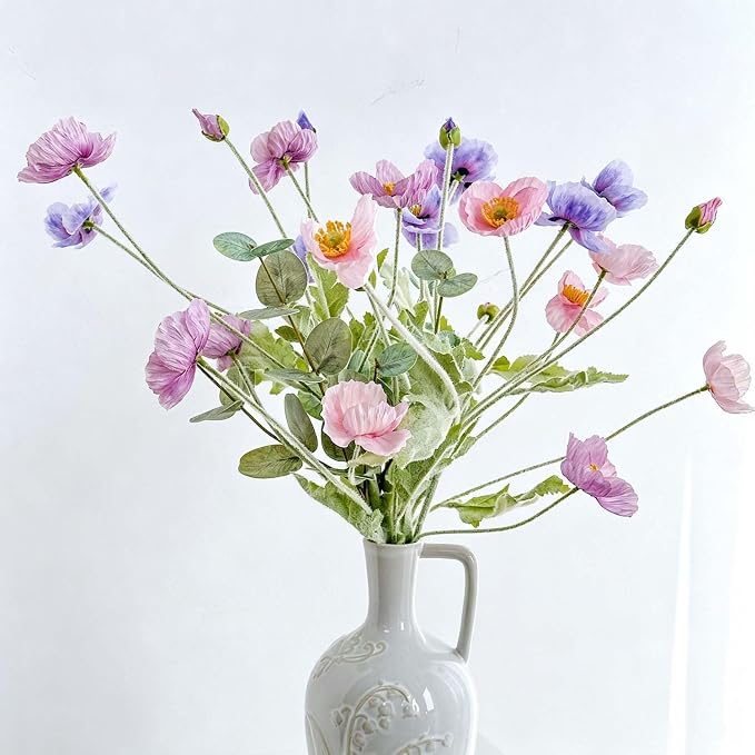 Artificial Poppy Flowers with Eucalyptus Stems, 6pcs Faux Poppy + 2pcs Fake Eucalyptus Branches, Flocked Flexible Wire Stems, Silk Petals, Realistic Faux Greenery for Home Table Decor