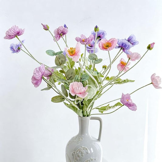 Artificial Poppy Flowers with Eucalyptus Stems, 6pcs Faux Poppy + 2pcs Fake Eucalyptus Branches, Flocked Flexible Wire Stems, Silk Petals, Realistic Faux Greenery for Home Table Decor