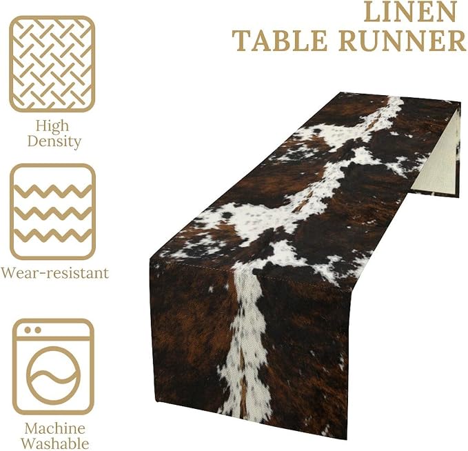 Cow Skin Print Table Runner, Cotton Linen Rustic Cottage Country Farm Animal Fur Skin Pattern Western Style Brown Cowhide Print Dinner Runner for Home Kitchen Dining Table Decoration 13"x90"
