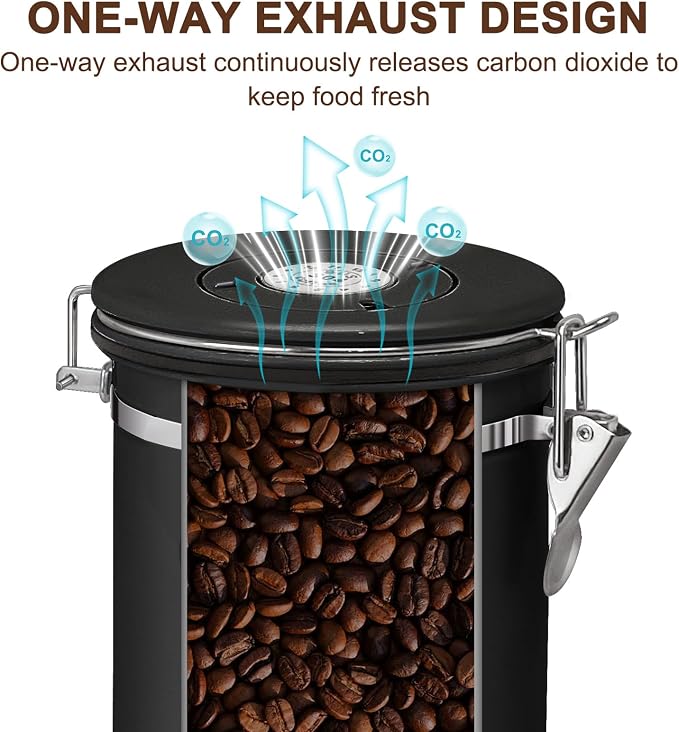 1.5L Airtight Vacuum Coffee Canister, Stainless Steel Storage Container for Coffee Beans and Grounds with Scoop.Suitable for coffee powder, coffee beans, rice, tea leaves, sugar, flour, and grains