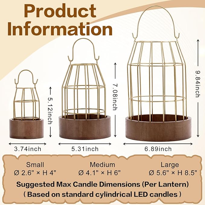 Rustic Farmhouse Lantern Decoration Set of 3, Modern Decorative Lanterns Indoor Outdoor, Metal Candle Holders for Porch Patio Fireplace Mantle Dining Room Table(Light Brown, Gold)