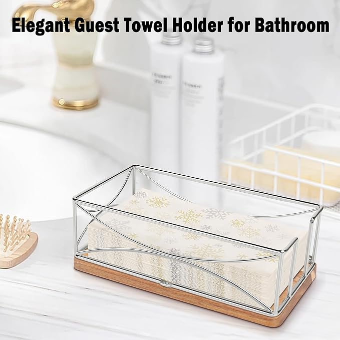 Livabber Guest Napkin Holder, Metal Bathroom Paper Hand Towel Storage Modern Napkin Tray Caddy for Countertop, Table Kitchen, Dinning Room (Chrome, Wooden Base)