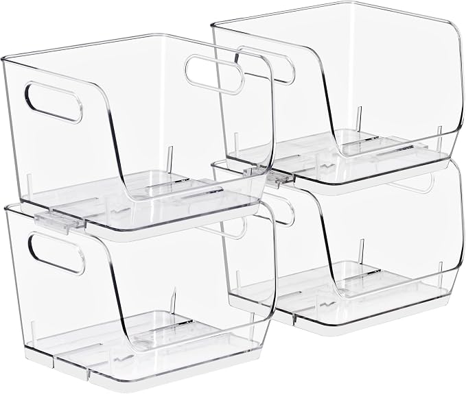 Sorbus Stackable Storage Bins Open Front, Clear Stackable Storage Bins, Pantry Bins for Storage and Organization, Acrylic Stackable Bins for Kitchen, Clear Pantry Organizer Bins (Small Square 4 Pack)
