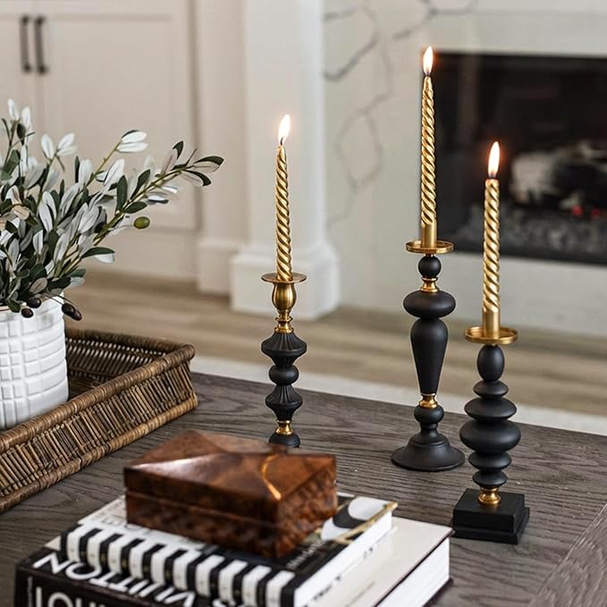 Taper Metal Candle Holder for Modern Vintage Luxury Decor, Matte Black & Antique Brass Iron Pillar Candle Stick Holder for Dining Table, Mantel Decor, Housewarming Gift