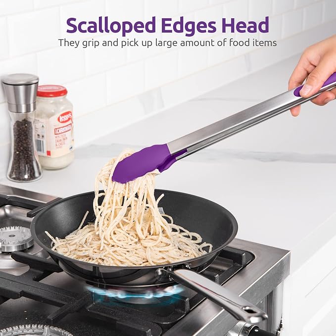 600ºF Heat Resistant Kitchen Tongs: U-Taste 16 inch Extra Long Large Silicone Cooking Tong with Sturdy Non Stick Rubber Tips & Non Slip Silicon Coated 18/8 Stainless Steel Handle for Grill BBQ(Purple)