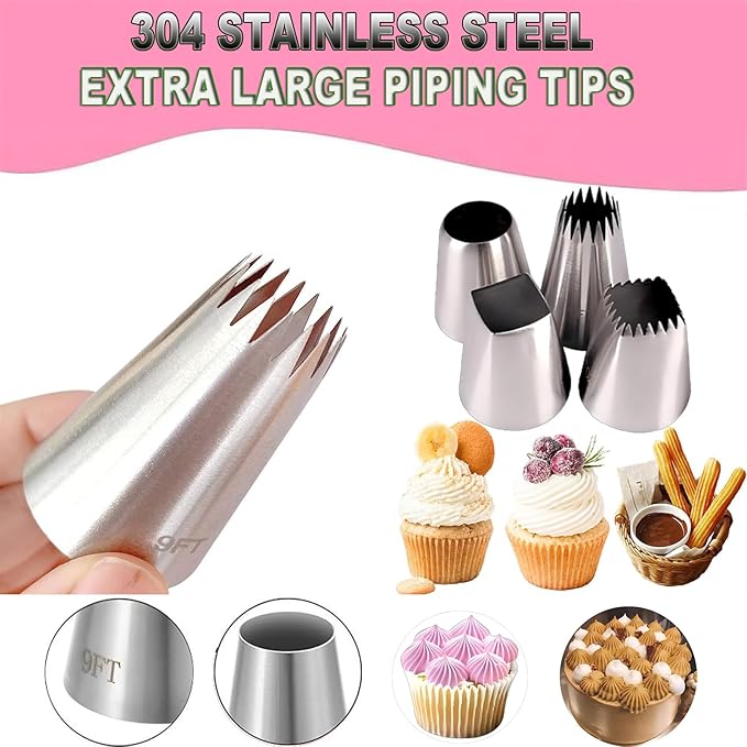 4PCS Extra Large Piping Tips Set, Stainless Steel Jumbo Icing Tips (F02 F06 9FT R22L) Round Star Square Wide for Cake Cupcake Cookie Eclair Churro Meringue