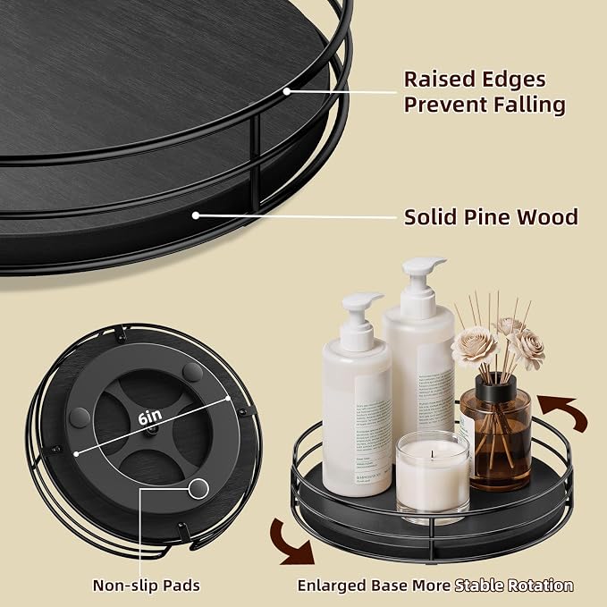 Optish 10" Lazy Susan Turntable for Table Top, Wooden Lazy Susan Organizer for Cabinet, Kitchen, Countertop, Pantry, Spice Organizer, Bathroom, Vanity, Table Decor, Black, Non-Slip Bottom