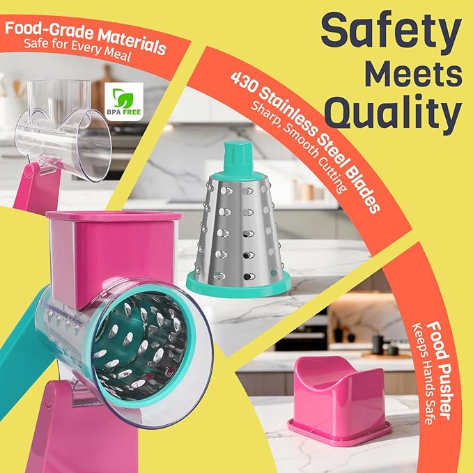 Upgraded Rotary Cheese Grater with 3 Interchangeable Stainless Steel Drums, One-Press Powerful Suction Manual Vegetable Shredder&Slicer for Kitchen, 15pcs Storage Bags Included, Rose-red&Green