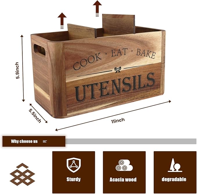 Utensil Holder for Kitchen Countertop - Extra Large 3 Compartment Wooden Organizer in Acacia Wood, Storage for Cooking Tools and Cutlery, Farmhouse Style for Home Cooking