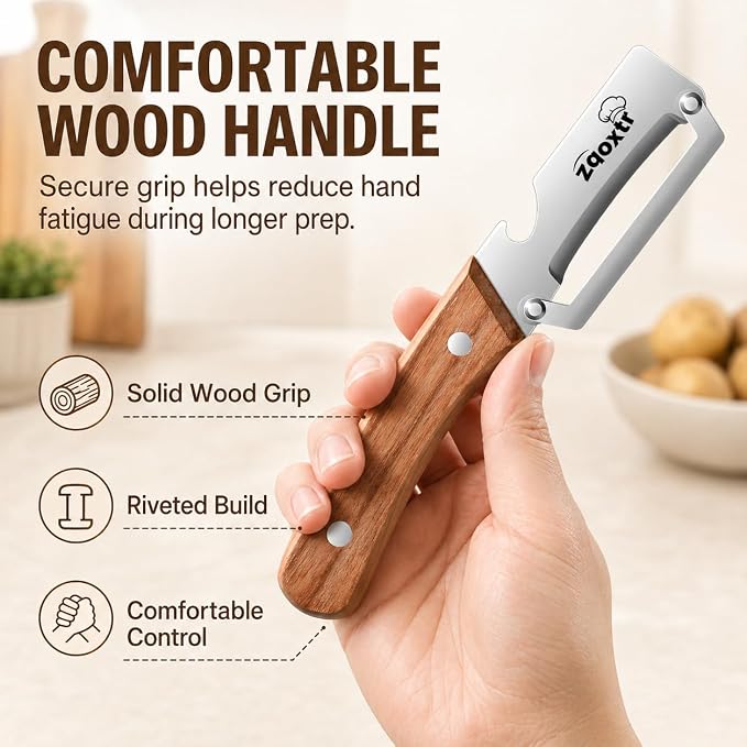 2-in-1 Multifunctional Vegetable Peeler with Bottle Opener, Wide Stainless Steel Blade and Non-Slip Wooden Handle, Kitchen Peeler for Potato, Apple, Pumpkin, Fruit and Vegetables 2pcs